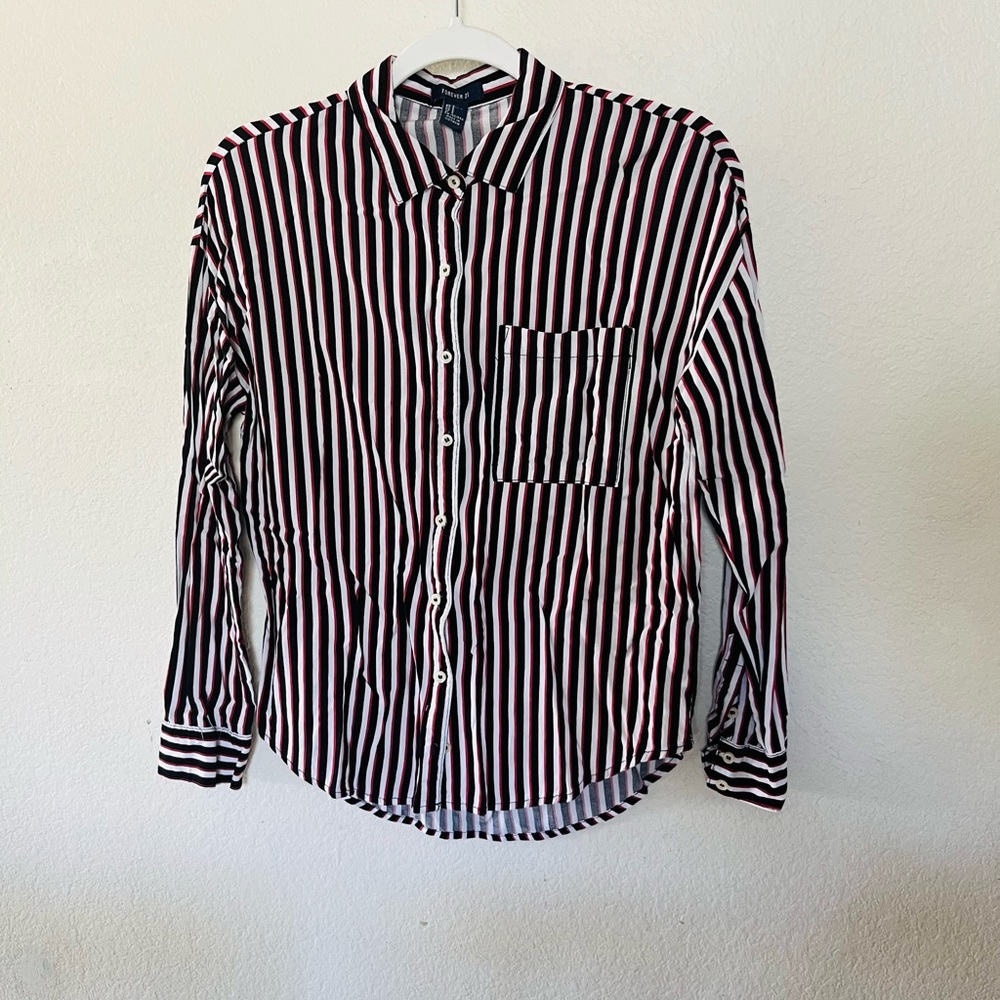 Forever 21 Vertical Stripe Button-Down Shirt - Black, White & Red